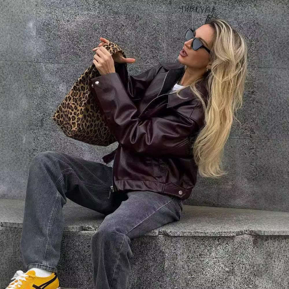 MAJESTRA Damen Leder-Look Zipper Jacke